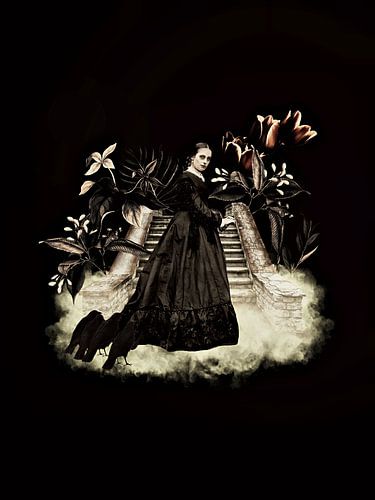 Gothic Woman on Stairs with Crows