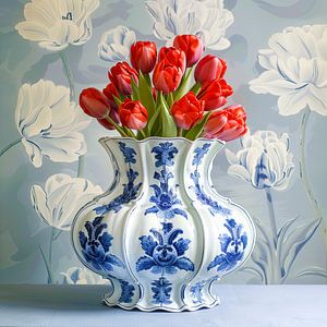 Moderne Tulpen in klassischer delfterblauer Vase