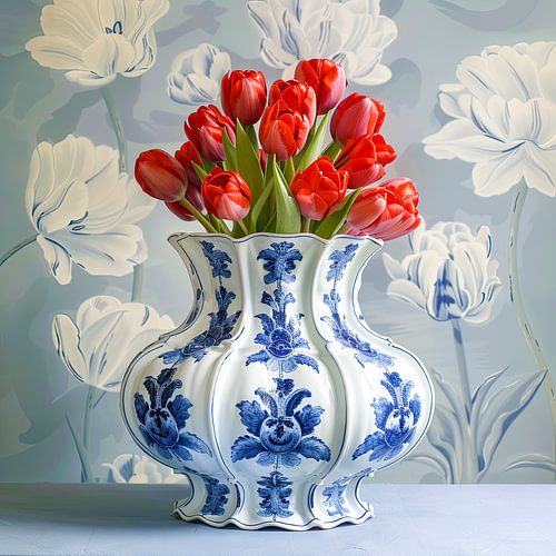 Moderne Tulpen in klassischer delfterblauer Vase von Vlindertuin-Art