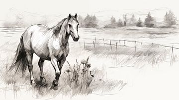 Paard rennend op een veld, paard potloodtekening in vintage stijl. van Animaflora PicsStock