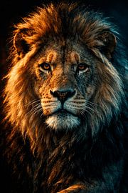 Lion sous une lumière chaude et froide – portrait artistique intense au regard puissant