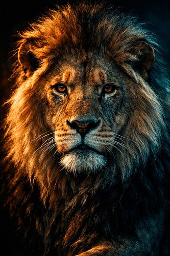 Löwe in warmem und kühlem Licht – intensives Fine-Art-Porträt mit kraftvollem Blick