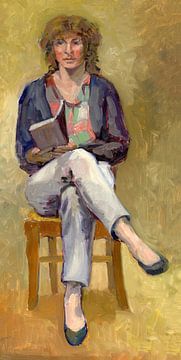 Eine Frau liest auf einem Stuhl. Akademisches Modell - Öl auf Papier.