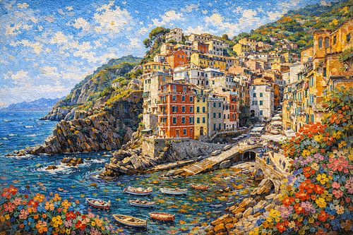 Een impressionistisch schilderij van het Nationaal Park Cinque Terre in Italië.