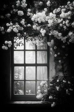 Charming Floral Cottage Window Black and White by Matthias Hauser
