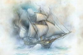Sailing Ship in Storm - Dramatic Drawing by Peter Pen Drawings and Paintings