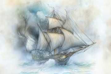 Tekening van een zeilschip in een storm, klassiek, vintage,  blauw, grijs, beige, en wit. van Peter Pen tekeningen en schilderijen