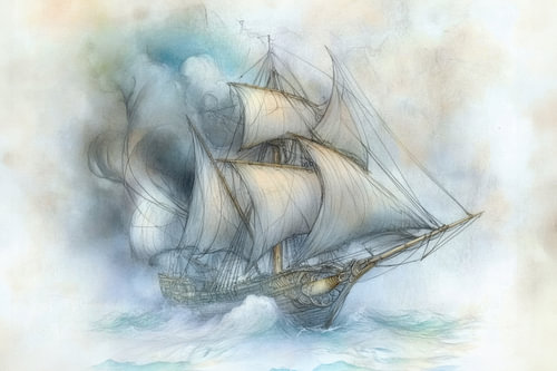 Sailing Ship in Storm - Dramatic Drawing