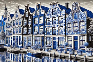 Blaue Grachtenstatue - Delfter Stadtbild blau von Kleurenrijk