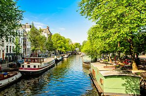 Huisgevels en straat woonboten op een gracht in Amsterdam Nederland van Dieter Walther