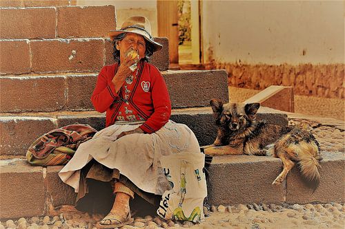 Old woman with peach