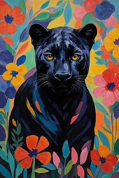Schwarzer Panther mit Blumen von De Muurdecoratie