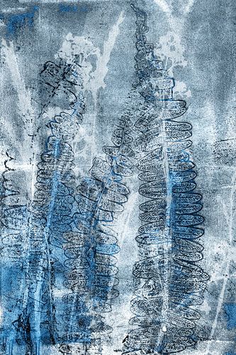 Abstract Retro Botanisch. Varens, grassen en bloemen in blauw, zwart en wit.