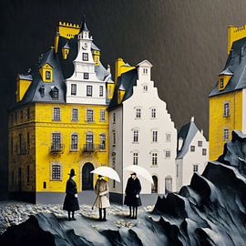 architecture surrealism people theatre umbrellas