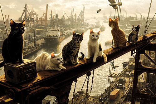 Katten in havenomgeving op balk