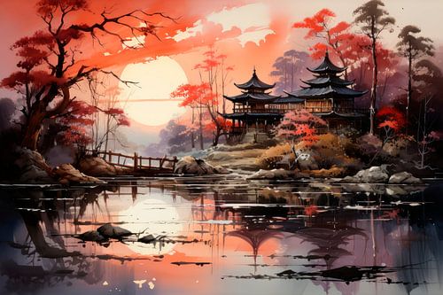 Japanse pagode aan het meer in het avondlicht