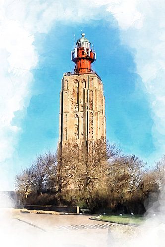 Aquarel beeld van Vuurtoren 't Hoge Licht in Westkapelle, Zeeland
