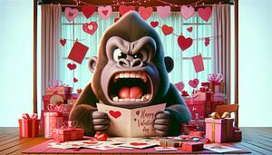 Überraschter Gorilla mit Valentinskarte und Dekor