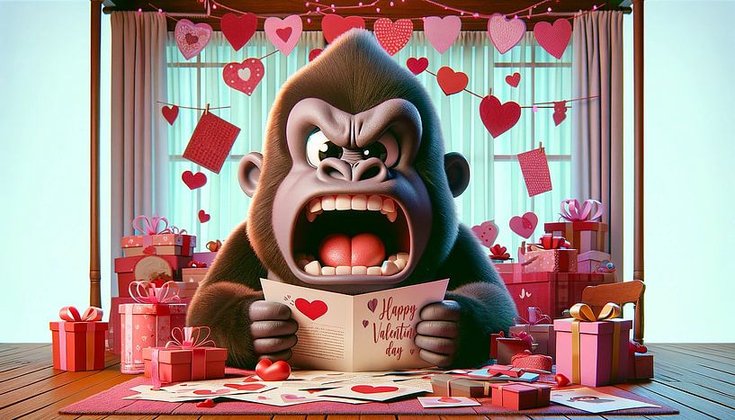 Surprised gorilla with Valentine's card and decoration by artefacti