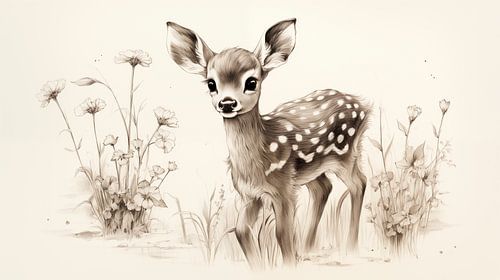 Schattige jonge reekalf potloodtekening in vintage stijl.