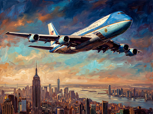Air Force One boven New York bij schemering