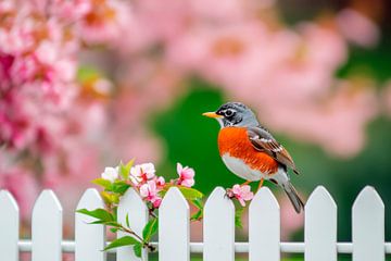 Vogel op hek voor bloemen van Poster Art Shop