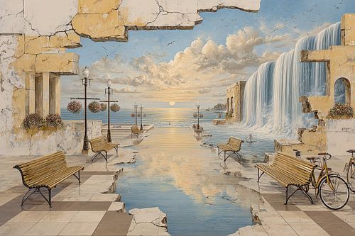 Verlaten stad bij zee - Dromerig street art schilderij