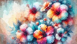 Les couleurs de l'hibiscus dans le courant de l'aquarelle