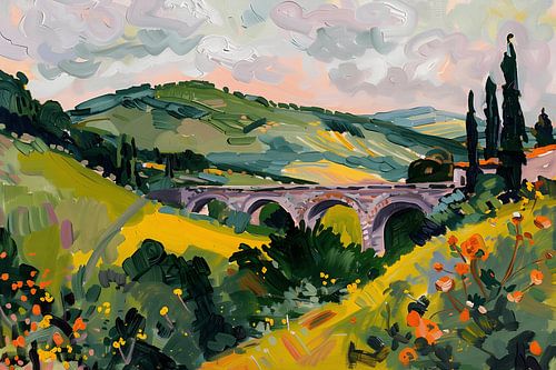 Toskanische Hügel mit alter Steinbrücke