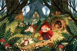 Woodland Friends – Rotkäppchen mit Waldtieren im Märchenwald von Floral Abstractions