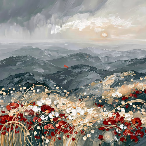 Grijs Rood Landschap Schilderij: Klaprozen voor de Verre Bergen