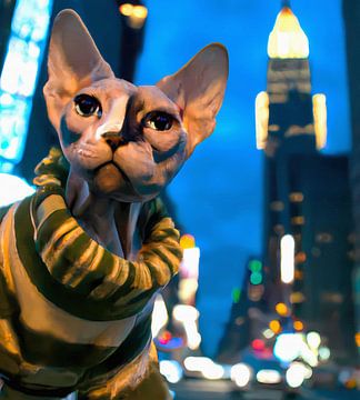 Vriendelijke Sphynx kat met trui aan op Times Square in de avond van Maud De Vries