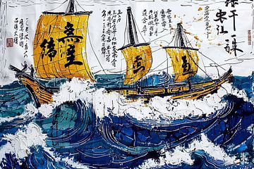 Japans schilderij zeezicht met boten van Egon Zitter