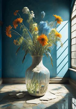 Glazen vaas met lange bloemen