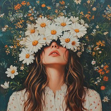 Flower wreath | Face Covered Flowers Woman by Eye catching paintings