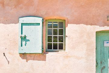 Window with green shutters and old door in a rural farmers house in France by Dina Dankers