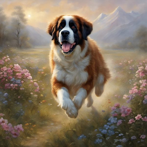 Chien saint-bernard jouant dans un champ de fleurs par Johannas Art Creations