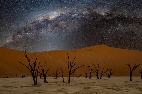 Deadvlei met melkweg in de Namib-woestijn, Sossusvlei, Namibië