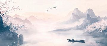 Rustig landschap met boot in de mist van Poster Art Shop