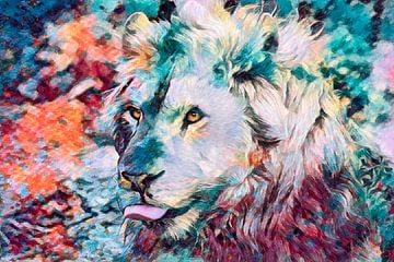 Photo d'art numérique colorée d'un lion à la langue proéminente sur Chihong