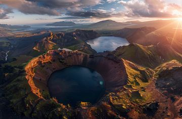 Vulkanen in de zonsondergang van fernlichtsicht