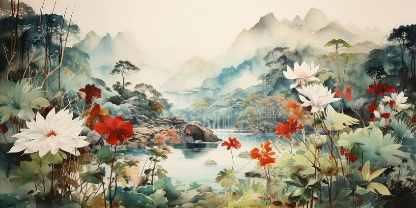 Very beautiful landscape with water and mountains by Art Bizarre