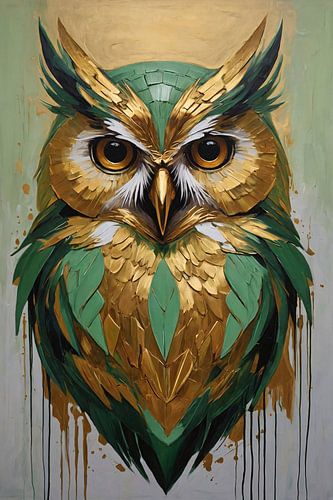 Abstracte Uil in Goud en Groen Tinten