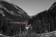 Roter Zug über eine Brücke in den Bergen, Schweiz von Sasja van der Grinten Miniaturansicht