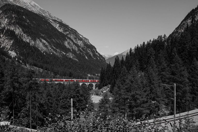 Roter Zug über eine Brücke in den Bergen, Schweiz von Sasja van der Grinten