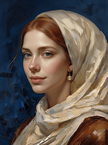 A classical portrait of Johannes Vermeer’s *Girl with a Pearl Earring* in deep blue and warm beige.