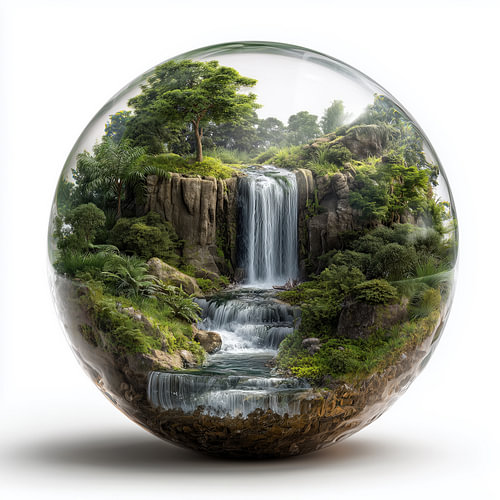 Wasserfall mit tropischer Vegetation in einer Glaskugel