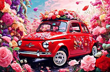 Red Fiat 500 surreal in a sea of flowers