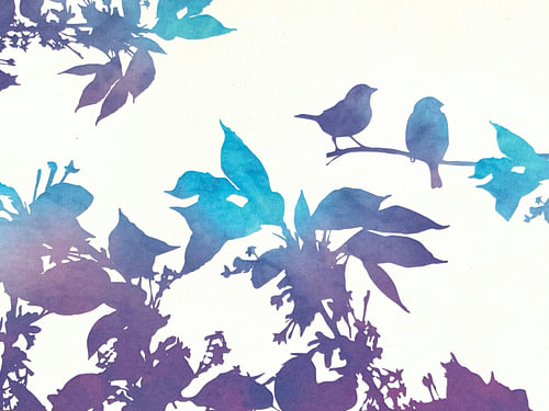 Blauwe vogels op bloeiende tak | Moderne aquarel natuurkunst