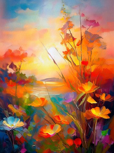 Gouden uurtje!! Bijzonder Landschap in warme  tinten. Serie: Abstract en kleurrijk